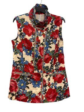 vintage Floral Print Sleeveless Mural Jacket With Zipper Details & High Collar M